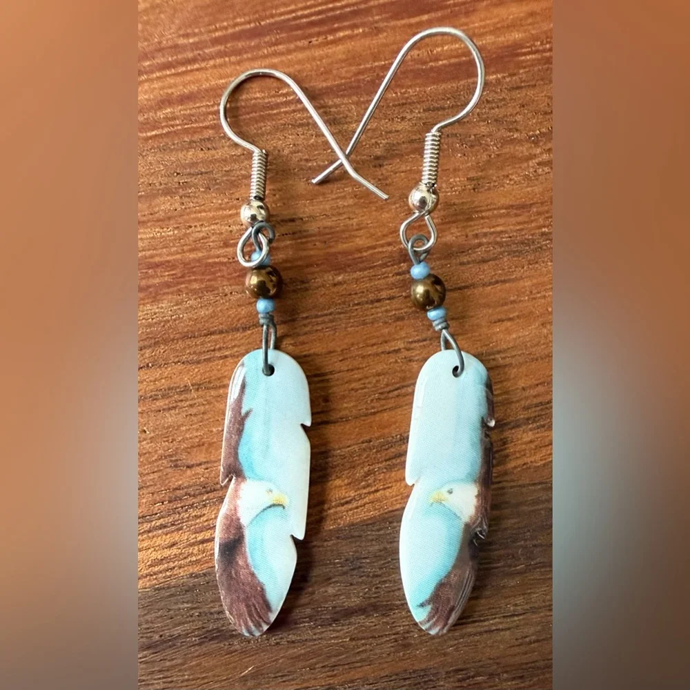 VTG Ceramic Feather Eagle Dangling Blue and Brown Pierced Earrings